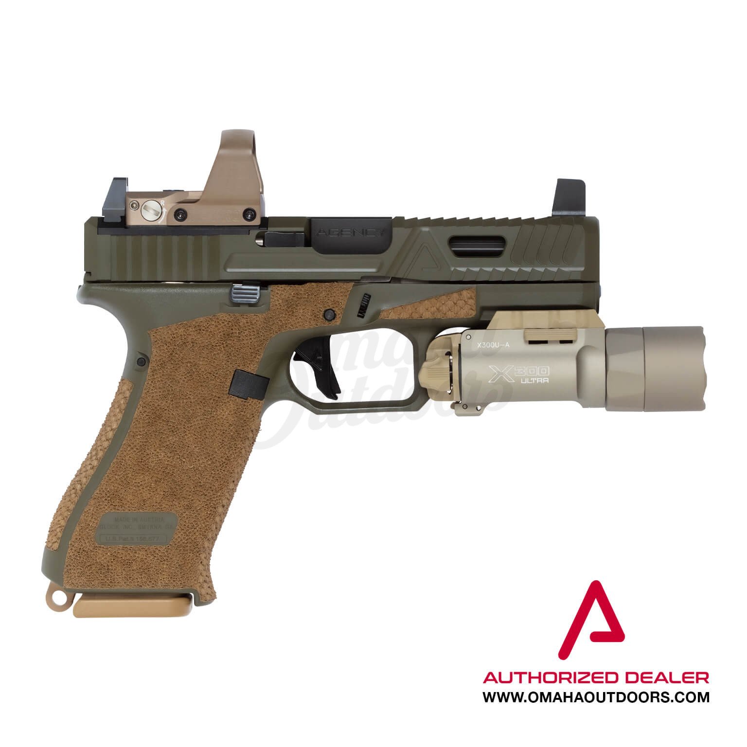 AA-G19X-GAVELW-ODG-2T-AC-179586-MLG19G5FDLC-X300U-A-TN Agency Arms Mod Glock  19X Gavel 2-Tone OD Green with Window DLC Midline FDE DeltaPoint Pro /  X300U-A Aggressive Carry Stipple - Omaha Outdoors