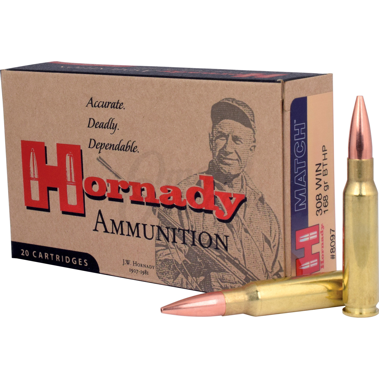 Hornady Match Ammo 308 Winchester 168 Gr Boat Tail HP 20 Round Box 8097