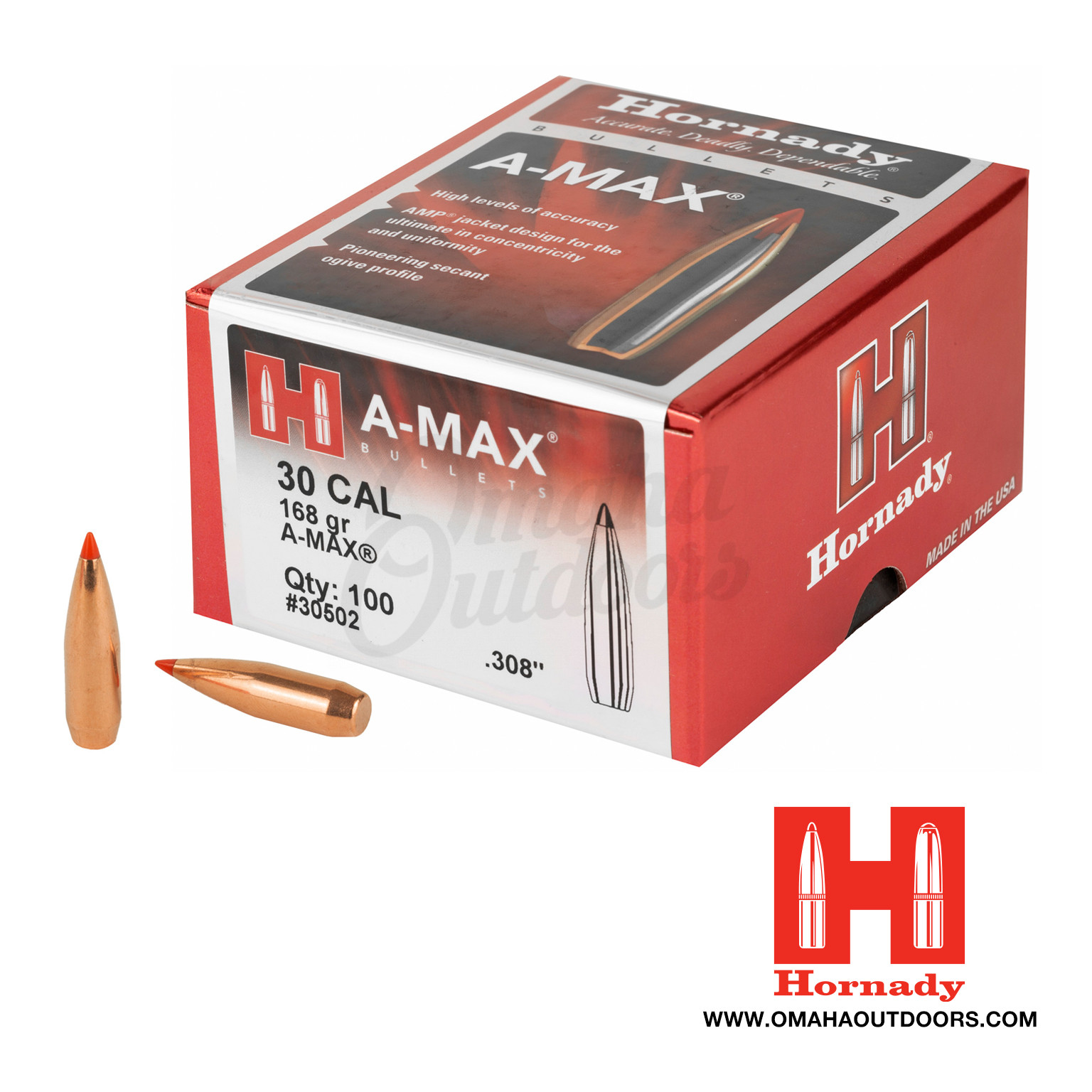 Hornady A-MAX 30 Caliber .308" Bullets 168 Grain 100 Round Box - Omaha ...