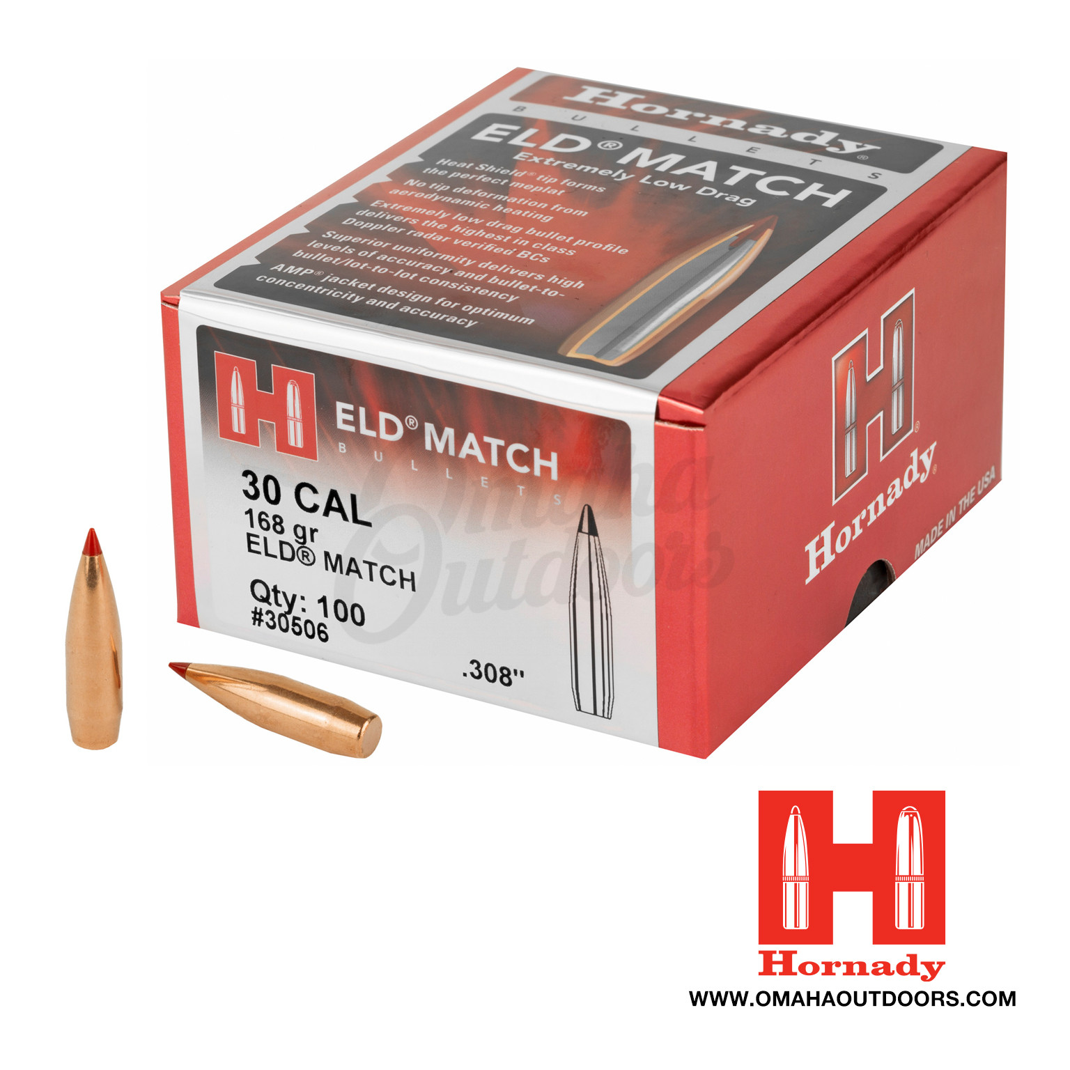 Hornady ELD Match 30 Caliber .308" Bullets 168 Grain 100 Box - Omaha ...