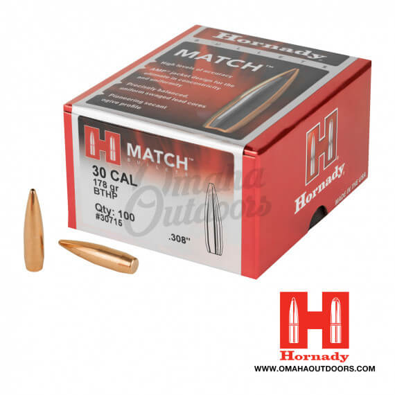 Hornady BTHP Match 30 Caliber .308" Bullets 178 Grain 100 Box - Omaha ...