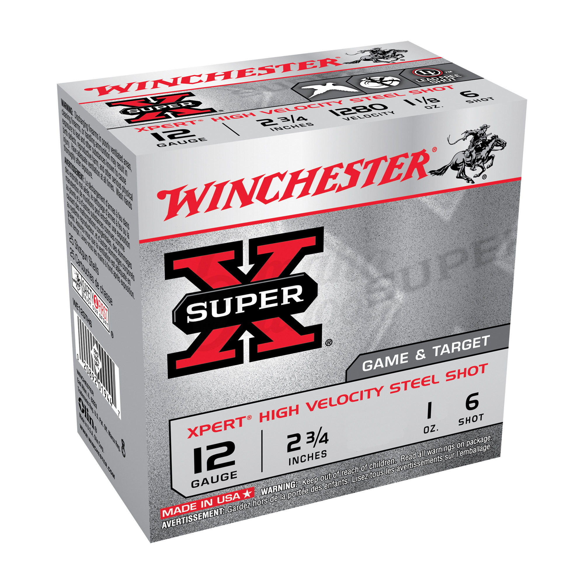 25 Round Box - 12 Gauge 2.75 Inch 1 Ounce Number 6 Shot Winchester Super X  High Velocity Steel Shot Ammo - WE12GT6